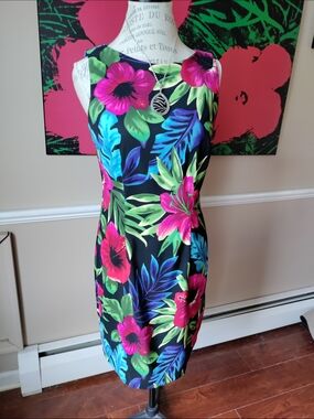 AGB Black Floral Midi Dress with Pink & Blue Tropical Print Size 10